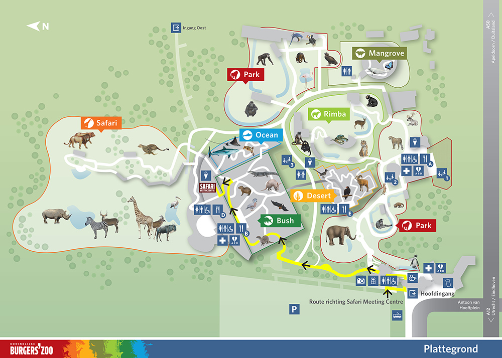 Plattegrond van Burgers' Zoo met de route naar het Safari Meeting Centre