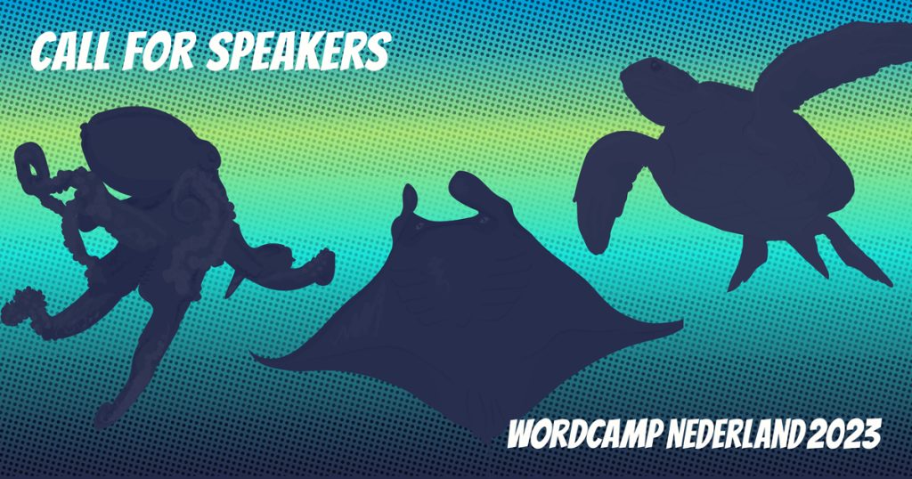 Afbeelding met inktvis, reuzemanta en schildpad en de tekst Call for Speakers WordCamp Nederland 2023