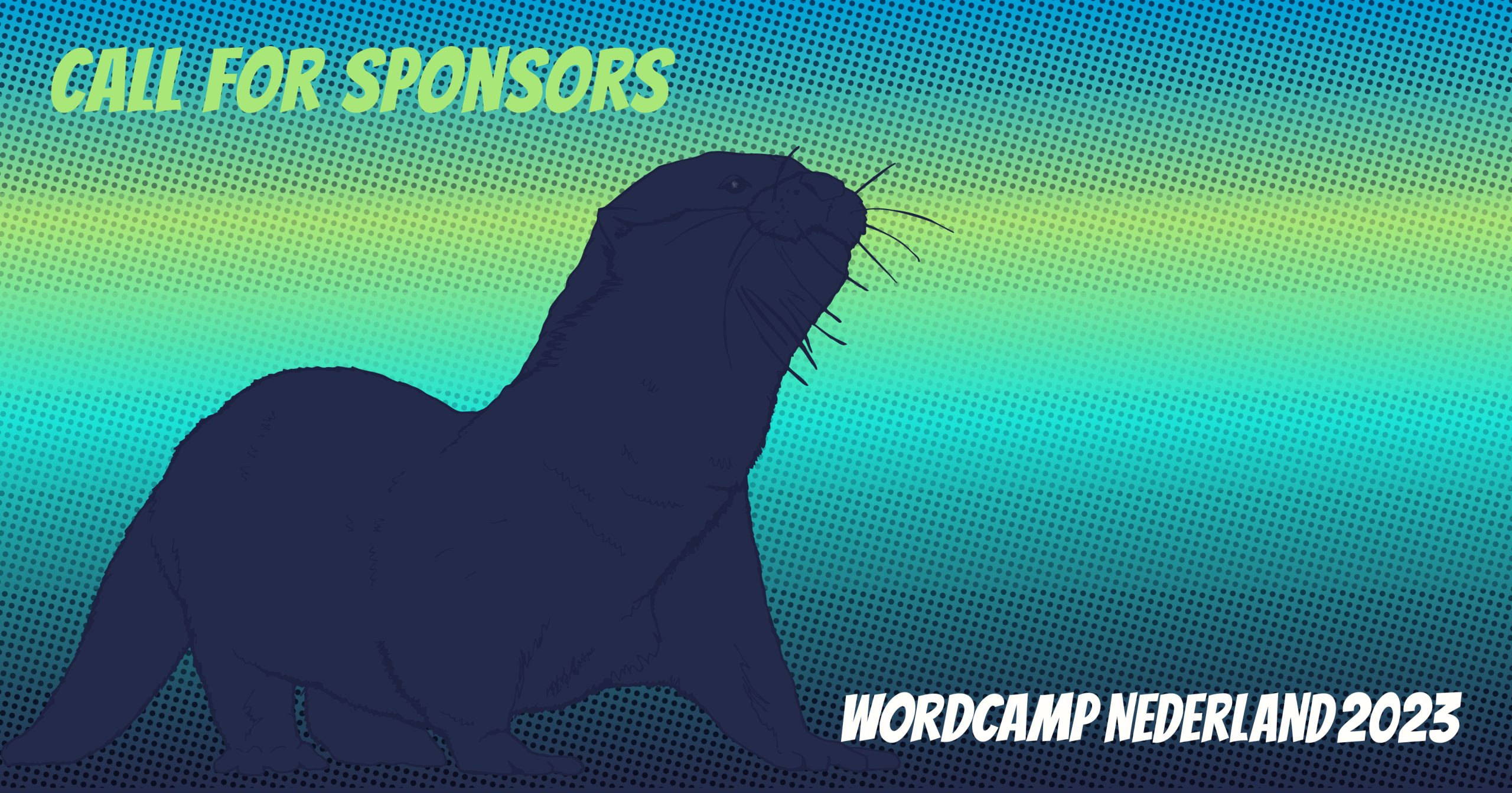 Afbeelding met otter en de tekst Call for Sponsor WordCamp Nederland 2023