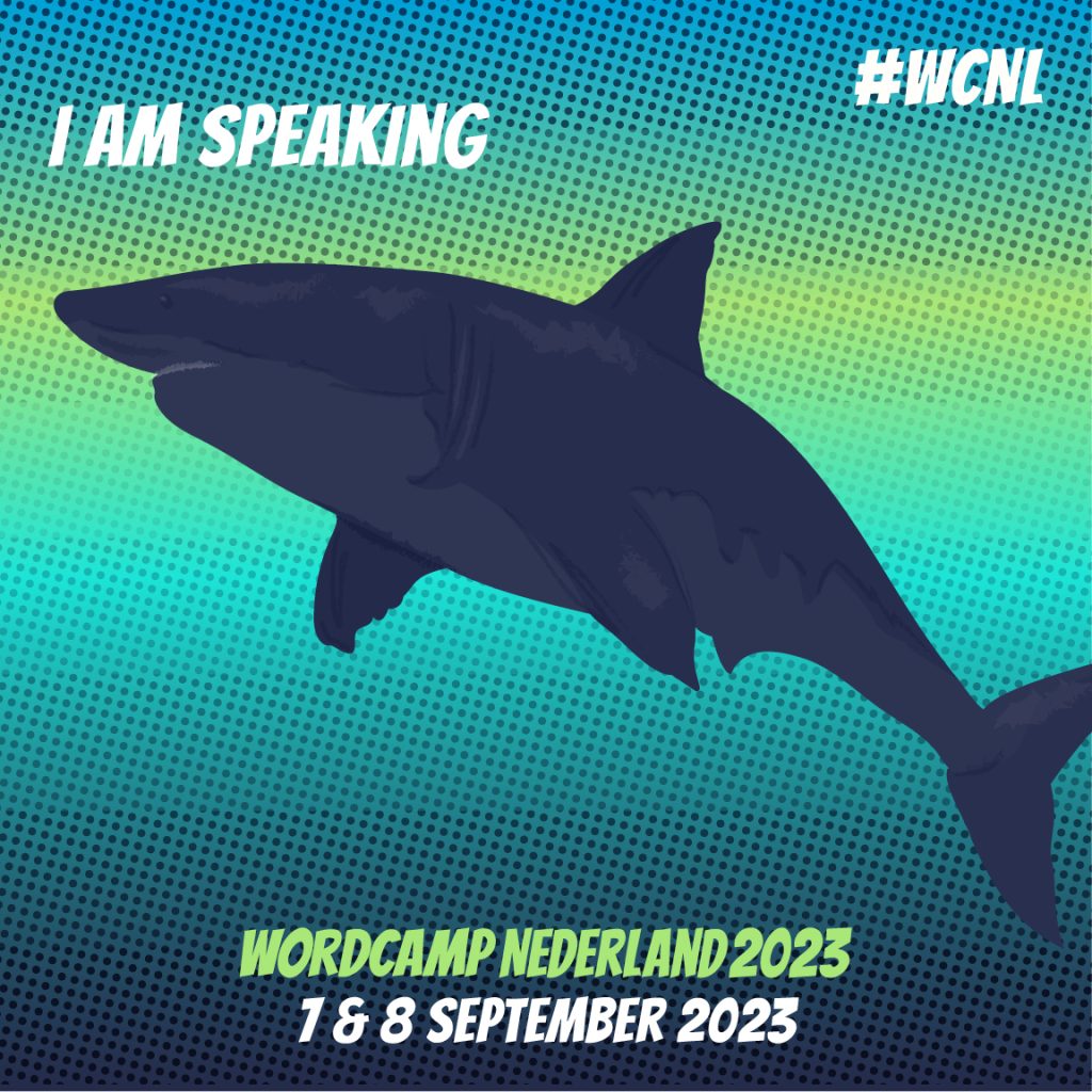 Tekst "I am speaking" met een illustratie van een haai
