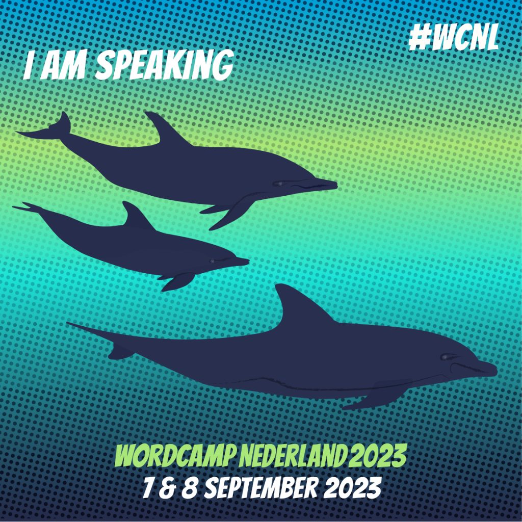 Tekst "I am speaking" met een illustratie van een dolfijnen