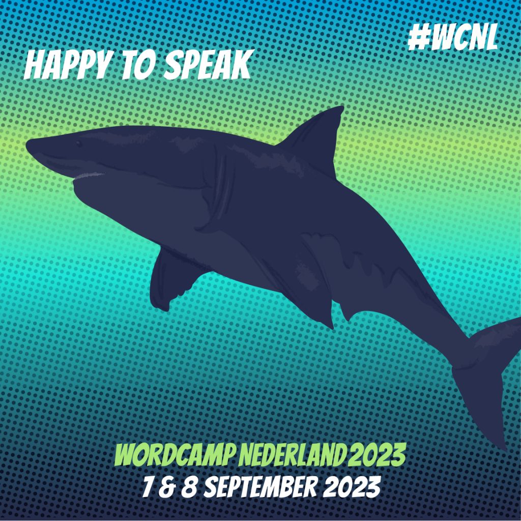 Tekst "Happy to speak" met een illustratie van een haai
