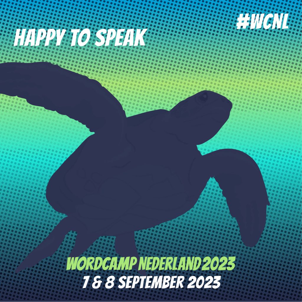 Tekst "Happy to speak" met een illustratie van een schildpad