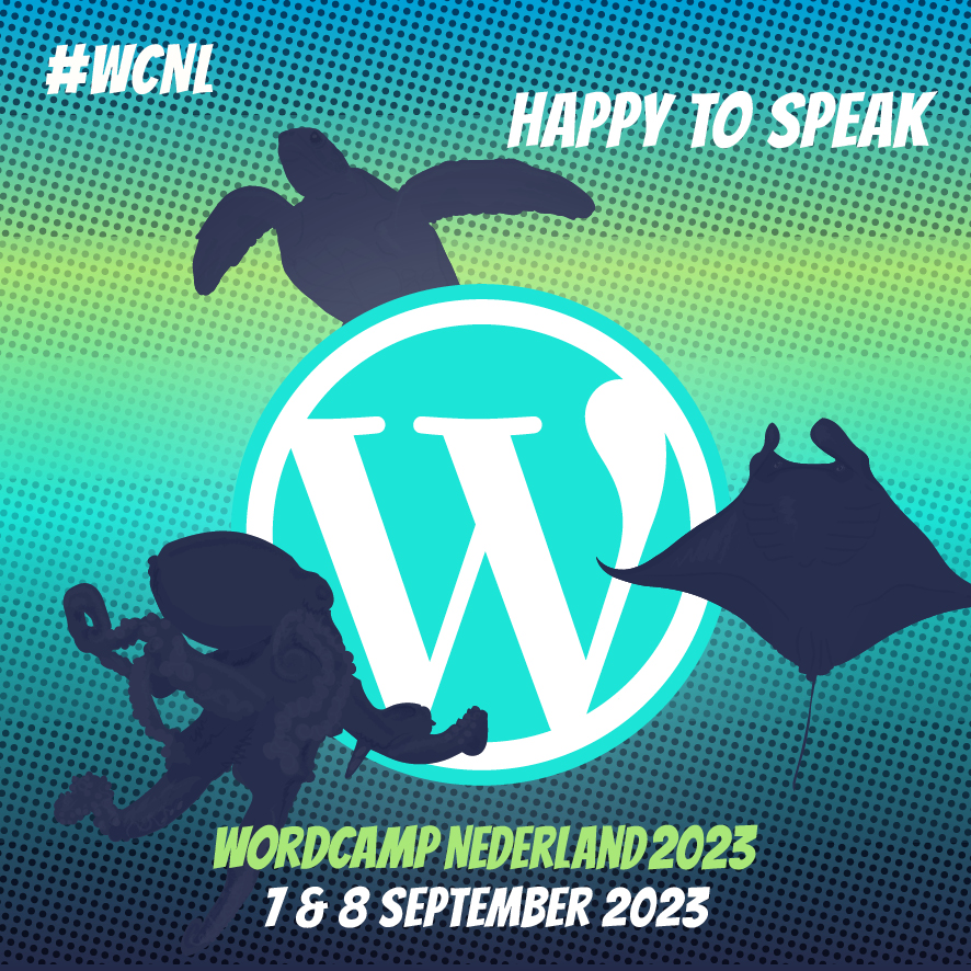Logo van WordCamp Nederland 2023 met de tekst "Happy to speak"