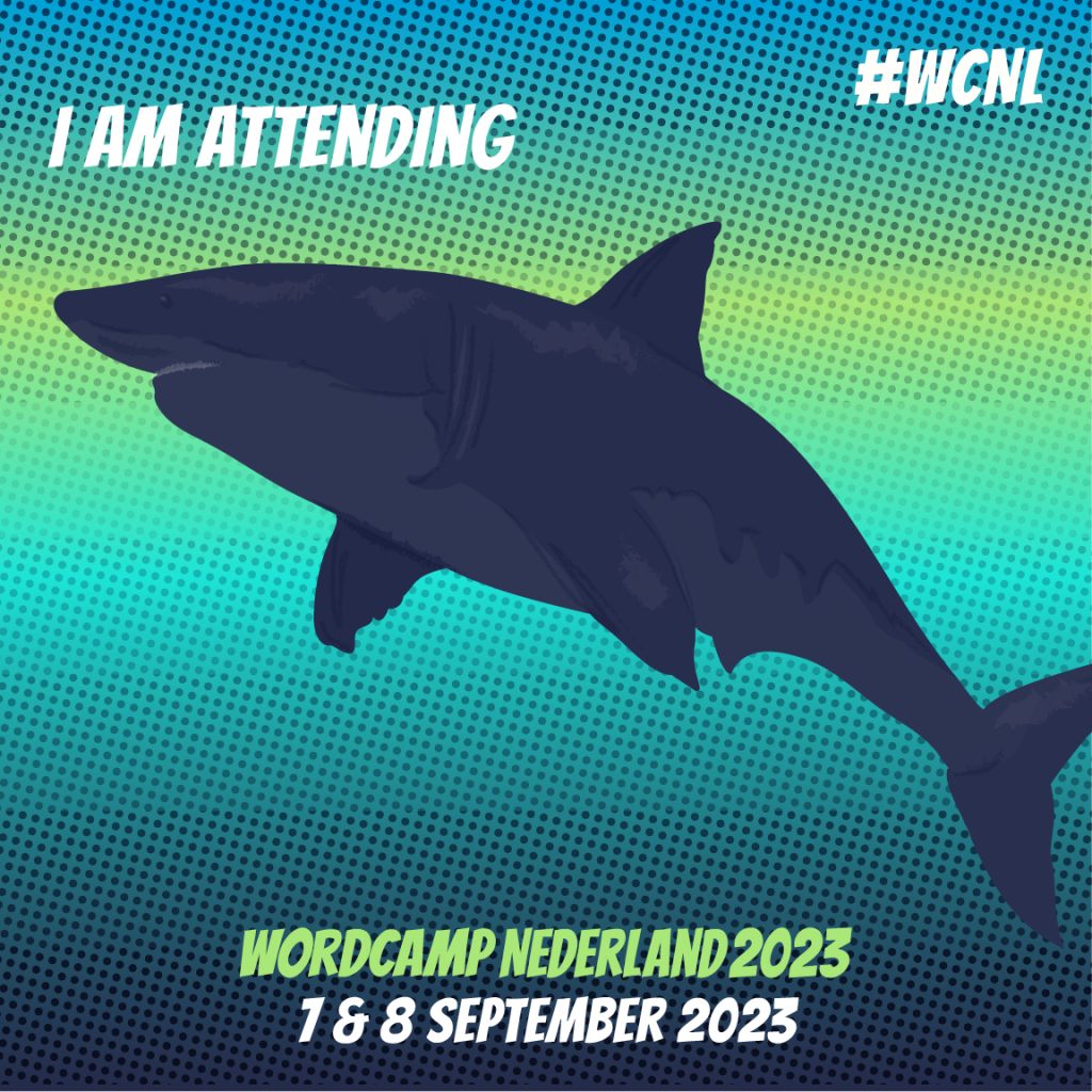 Tekst "I am attending" met een illustratie van een haai