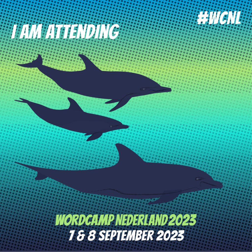 Tekst "I am attending" met een illustratie van dolfijnen