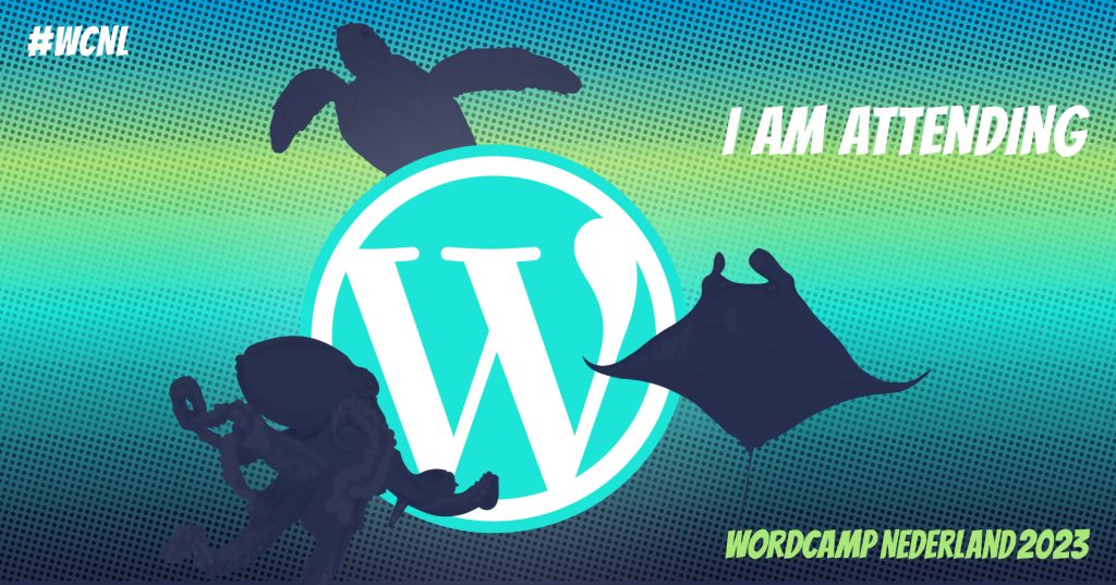 Logo van WordCamp Nederland 2023 met de tekst "I am attending"