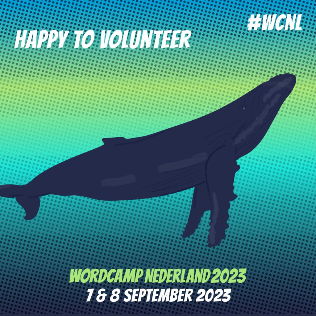 Tekst "Happy to volunteer" met een illustratie van een walvis