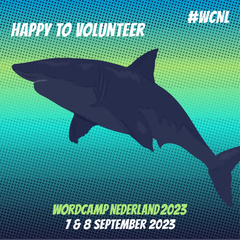 Tekst "Happy to volunteer" met een illustratie van een haai