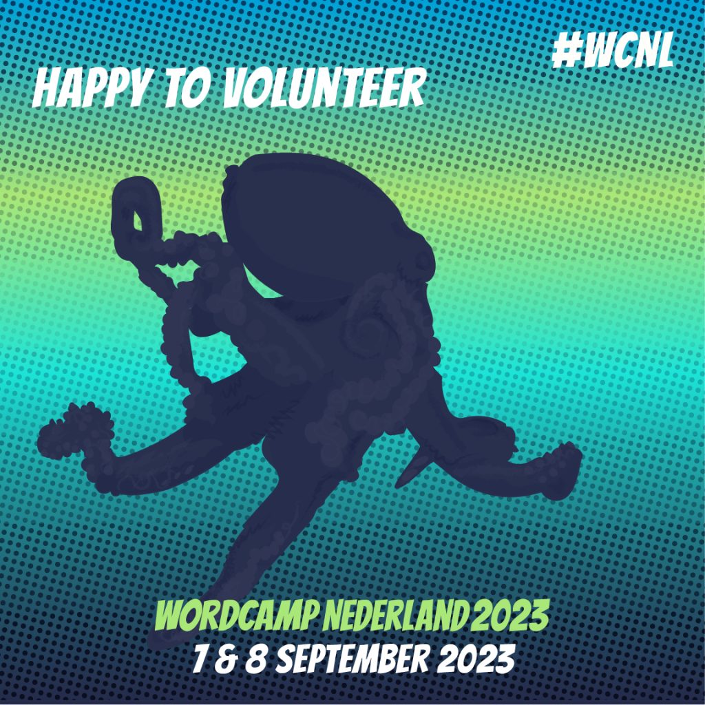 Tekst "Happy to volunteer" met een illustratie van een inktvis