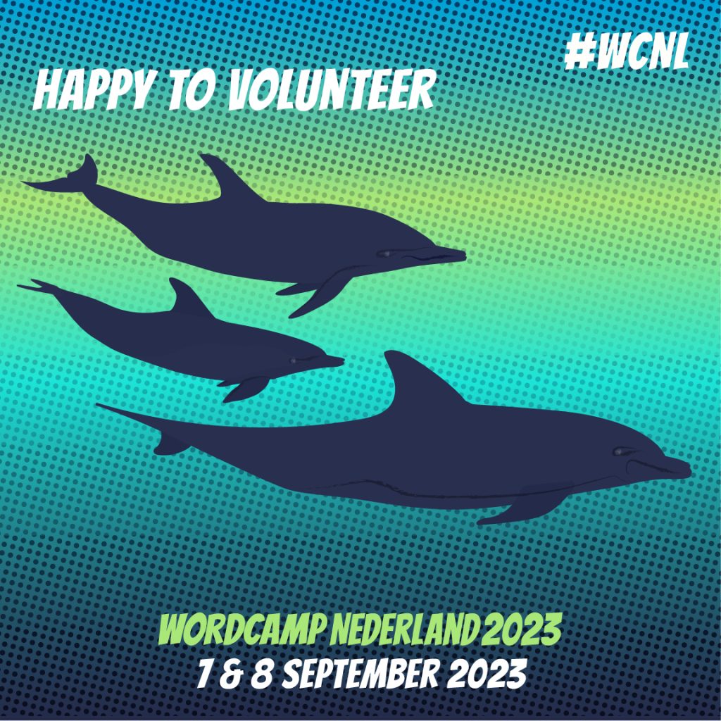 Tekst "Happy to volunteer" met een illustratie van dolfijnen