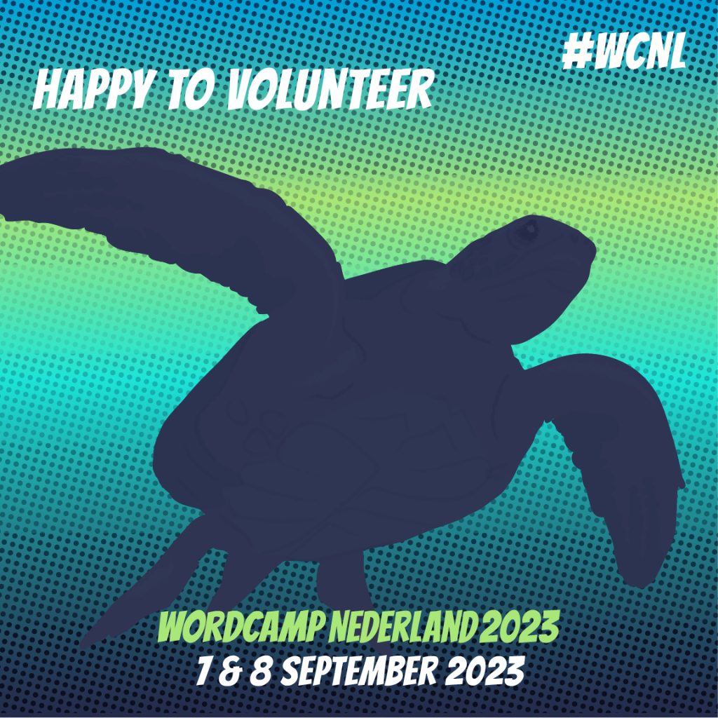 Tekst "Happy to volunteer" met een illustratie van een schldpad