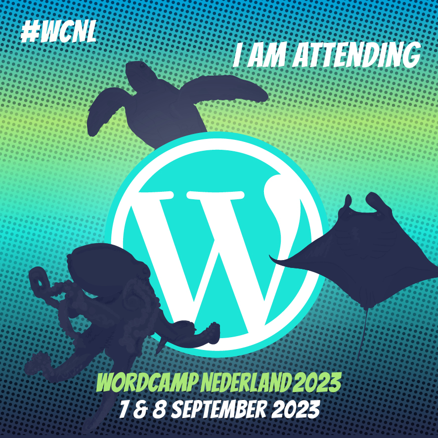 Logo van WordCamp Nederland 2023 met de tekst "I am attending"