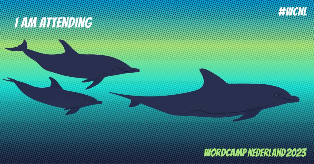 Tekst "I am attending" met een illustratie van dolfijnen