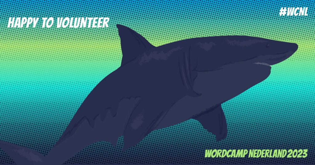 Tekst "Happy to volunteer" met een illustratie van een haai