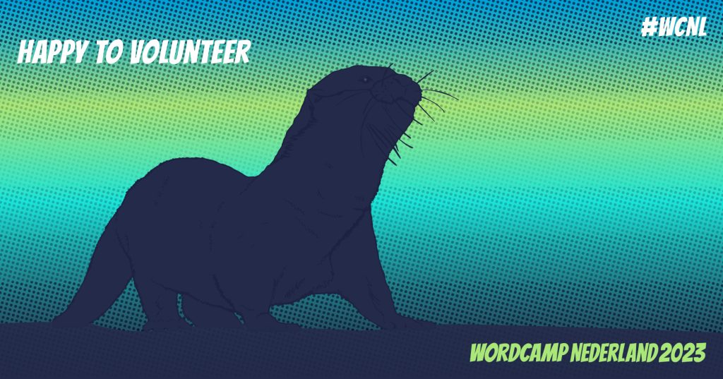 Tekst "Happy to volunteer" met een illustratie van een otter